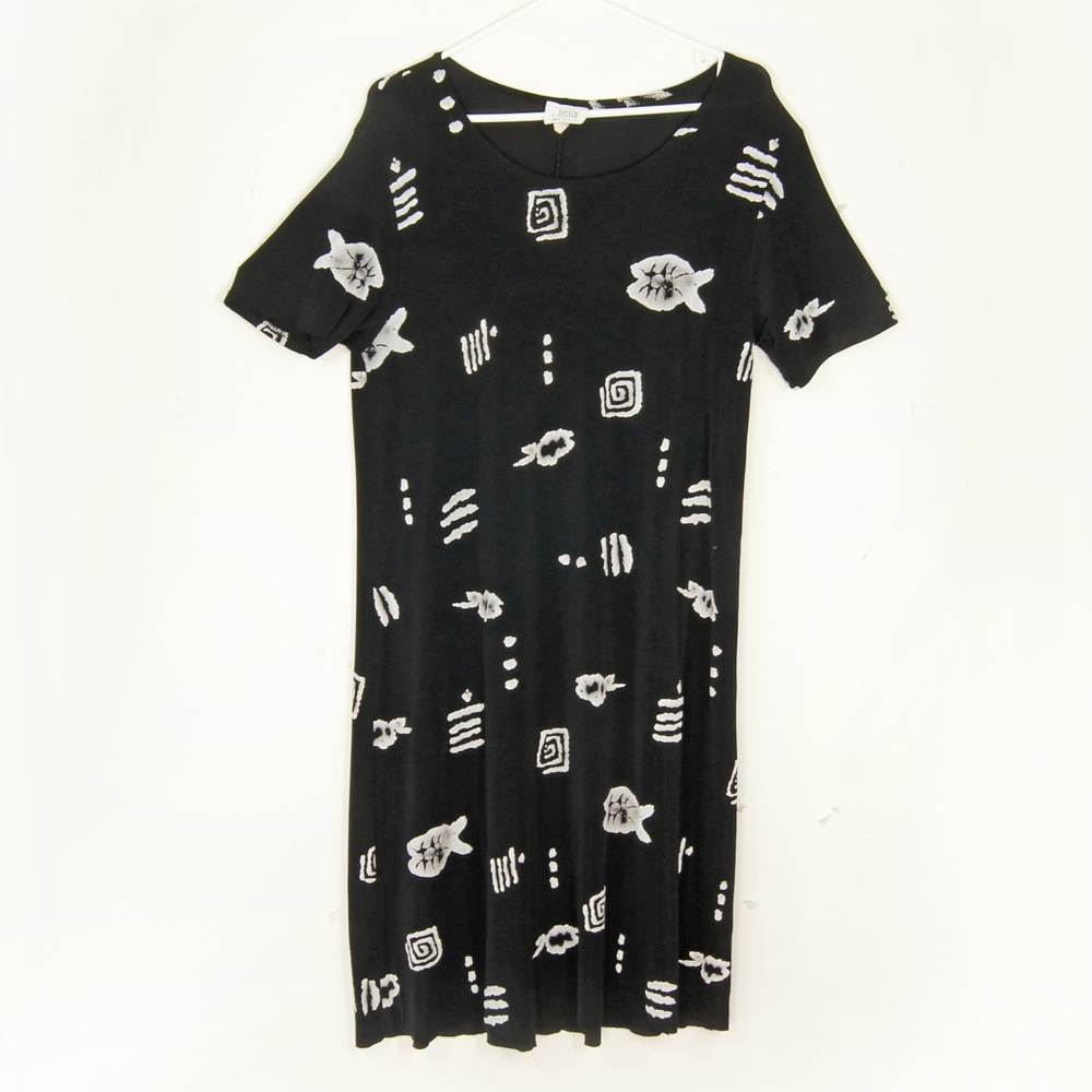 Vintage 90s Aztec Tribal Pattern Black Short Sleeve Midi Dress